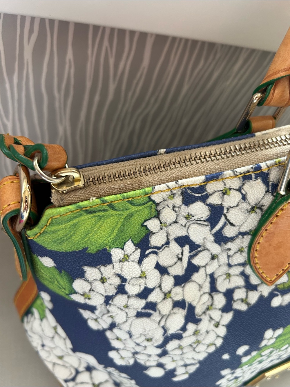 Dooney & Bourke Navy White Hydrangea Floral Satchel with Tan Trim - Picture 10 of 11